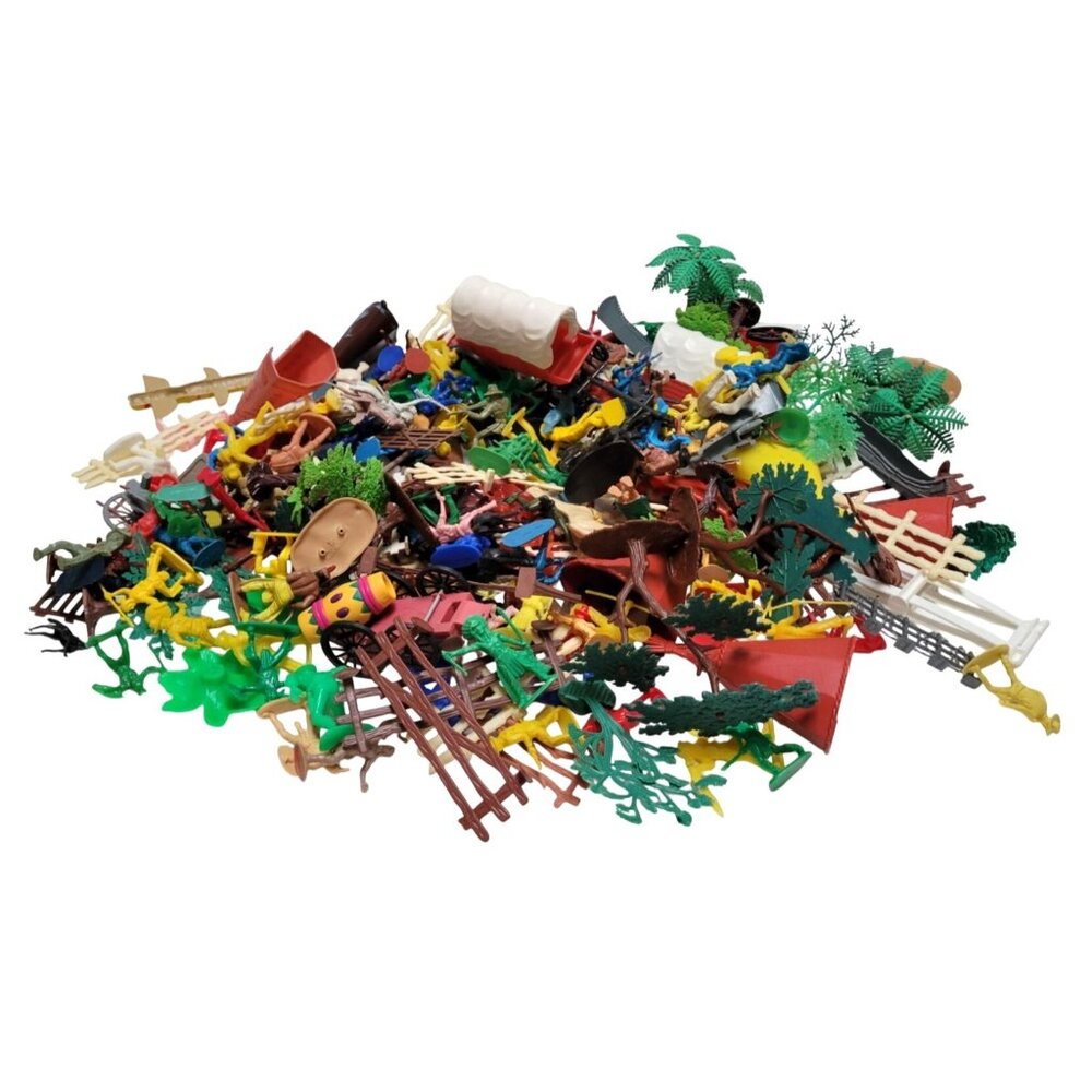 Vintage 240 Pieces Plastic Wild West Lot Cowboys Native Americans Horses Wagons